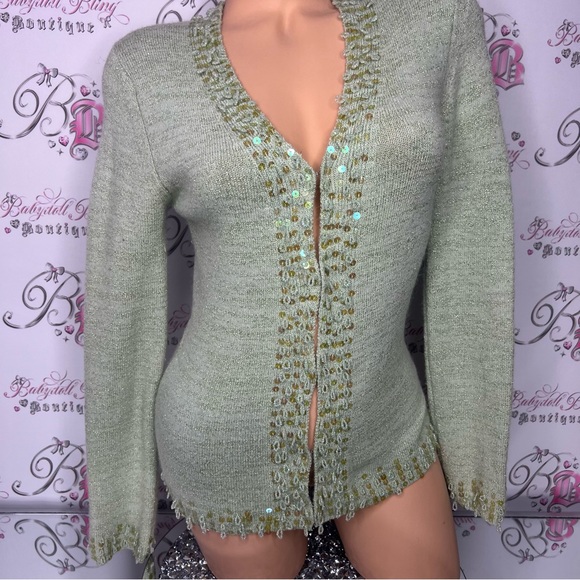 Y2k sparkly green cardigan sequins beaded glitter silver thread fairy π§ vibes - Picture 8 of 14